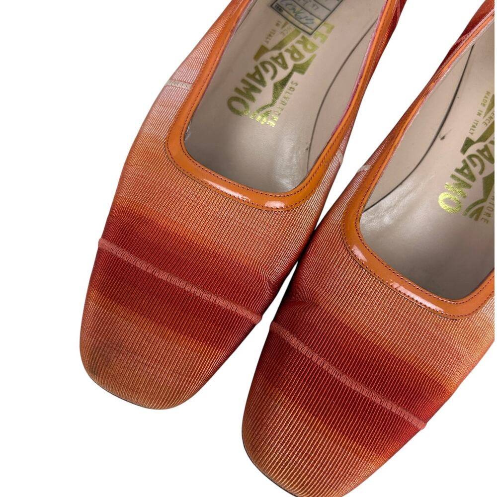 Salvatore Ferragamo Vitnage 90s Orange Ombre Woven Square Toe Patent Trim Heel 7 - Picture 2 of 7